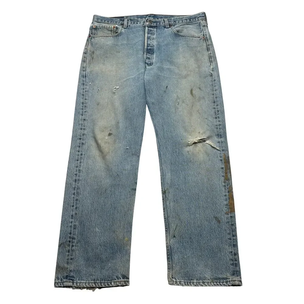 Vintage 90s Levi's 501 Straight Leg Jeans 36x30 Made in USA Light Wash Dirt